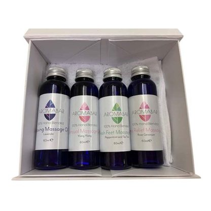 Mini Massage Body Oil Gift Set (4 x 60ml) Lavender, Ylang Ylang, Tea Tree & Peppermint and Rose Geranium in Sweet Almond Ideal Birthday Gift Travel