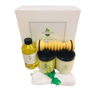 Spa Foot Pamper Gift Set Includes Foot Massage Oil, Fresh Feet Salts Soak, Dead Sea Scrub & Wooden Foot Roller Massager5
