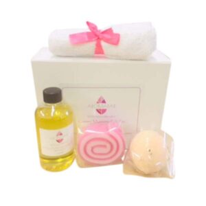 Yummy Mummy Gift Set with Rose Geranium Massage Oil, Rose Bath Bomb and Rose Soap Slice Ideal for Mothers Day, Birthdays or New Mum