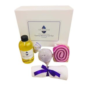 Yummy Mummy Gift Set with Relaxing Lavender Massage Oil, Lavender Bath Bomb and Soap Slice Ideal for Mothers Day, Birthdays or New Mum