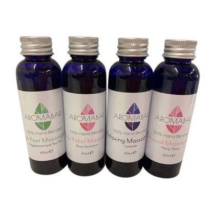 Mini Massage Body Oil Gift Set (4 x 60ml) Lavender, Ylang Ylang, Tea Tree & Peppermint and Rose Geranium in Sweet Almond Ideal Birthday Gift Travel
