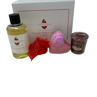 Romantic Night in Gift Set with Valentine Massage Oil, Heart Bath Bomb and Scented Candle Ideal for Valentine or Couples Gift to Share