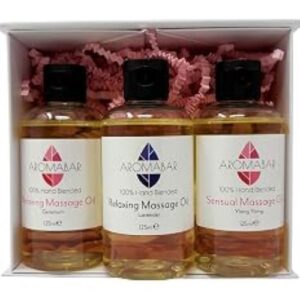 Relaxing, Sensual and Uplifting Massage Oil Gift Set (3 x 125ml) Relaxing, Sensual and Uplifting Massage Oil Gift Set (3 x 125ml) with pure Lavender, Ylang Ylang and Geranium essential oils with cotton Spa mitt Boxed