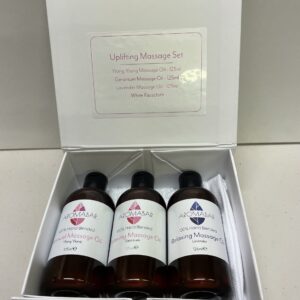 Relaxing, Sensual and Uplifting Massage Oil Gift Set (3 x 125ml) Relaxing, Sensual and Uplifting Massage Oil Gift Set (3 x 125ml) with pure Lavender, Ylang Ylang and Geranium essential oils with cotton Spa mitt Boxed