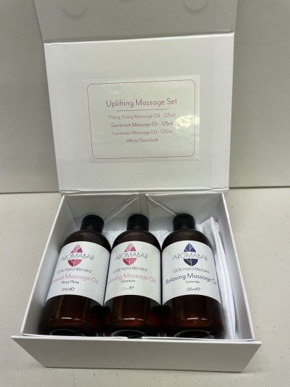 Relaxing, Sensual and Uplifting Massage Oil Gift Set (3 x 125ml) Relaxing, Sensual and Uplifting Massage Oil Gift Set (3 x 125ml) with pure Lavender, Ylang Ylang and Geranium essential oils with cotton facecloth Boxed