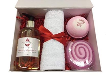 Valentine Gift Set Sensual Massage Oil, Rose Soap & Bath Bomb