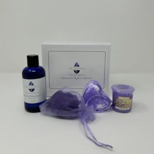 Romantic Night in Gift Set - Sensual Massage Oil, Heart Bath Bomb and Scented Candle Ideal for Valentine or Couples Gift to Share