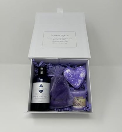 Romantic Night in Gift Set - Sensual Massage Oil, Heart Bath Bomb and Scented Candle Ideal for Valentine or Couples Gift to Share - Image 2