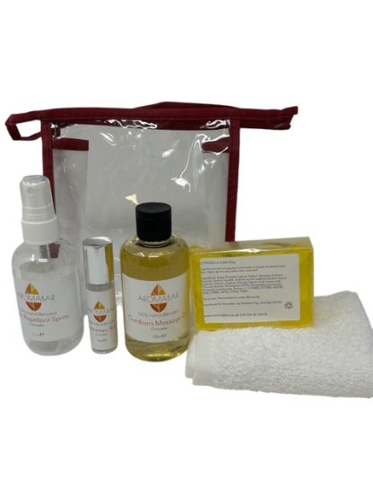 Travel Kit Citronella Includes Spray, Massage Oil, Roll On, Soap & Mitt Ideal for Camping or Holidays