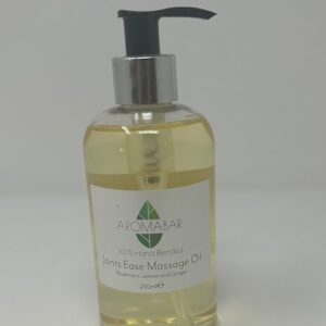 Joints Ease Massage Oil 250ml. A ready to use massage oil with a soothing blend of pure Rosemary, Lemon and Ginger essential oils in Sweet Almond. Can be helpful to ease sore joints. Packaged in an clear plastic bottle with pump for ease of use. Suitable for vegans. Not tested on animals.