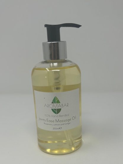 Joints Ease Massage Oil 250ml. A ready to use massage oil with a soothing blend of pure Rosemary, Lemon and Ginger essential oils in Sweet Almond. Can be helpful to ease sore joints. Packaged in an clear plastic bottle with pump for ease of use. Suitable for vegans. Not tested on animals.