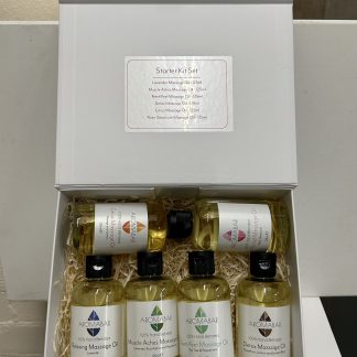 Set of 6 Aromatherapy MASSAGE OILS x 125ml Ready to use blends including Lavender Relaxing, Muscle Aches a soothing blend with pure Lavender, Eucalyptus and Peppermint essential oils. Detox with Grapefruit, Lemon & Juniper pure Essential Oils. Rose Geranium Fabulous floral and feminine aroma. Citrus A fruity blend with pure Orange & Lemon essential Oils - Peppermint & Tea Tree - Fantastic fresh, minty aroma a treat for your feet & legs. Packaged in amber flip top bottles for your convenience. presented in a white gift box.CAUTION - Not suitable for use during pregnancy or if you have high blood pressure. Always do a test patch 24hrs before use to check for allergic reactions. Not suitable for children under 7yrs