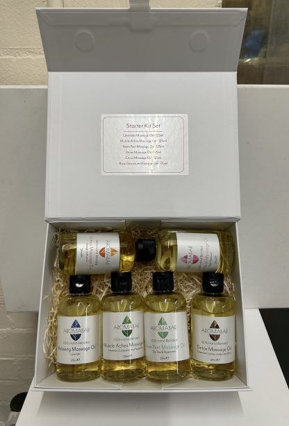 Set of 6 Aromatherapy MASSAGE OILS x 125ml Ready to use blends including Lavender Relaxing, Muscle Aches a soothing blend with pure Lavender, Eucalyptus and Peppermint essential oils. Detox with Grapefruit, Lemon & Juniper pure Essential Oils. Rose Geranium Fabulous floral and feminine aroma. Citrus A fruity blend with pure Orange & Lemon essential Oils - Peppermint & Tea Tree - Fantastic fresh, minty aroma a treat for your feet & legs. Packaged in amber flip top bottles for your convenience. presented in a white gift box.CAUTION - Not suitable for use during pregnancy or if you have high blood pressure. Always do a test patch 24hrs before use to check for allergic reactions. Not suitable for children under 7yrs